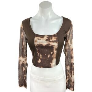 Pretty Garbage Women's Brown Tie Dye Long Sleeve Scoop Neck Cropped Blouse Top M